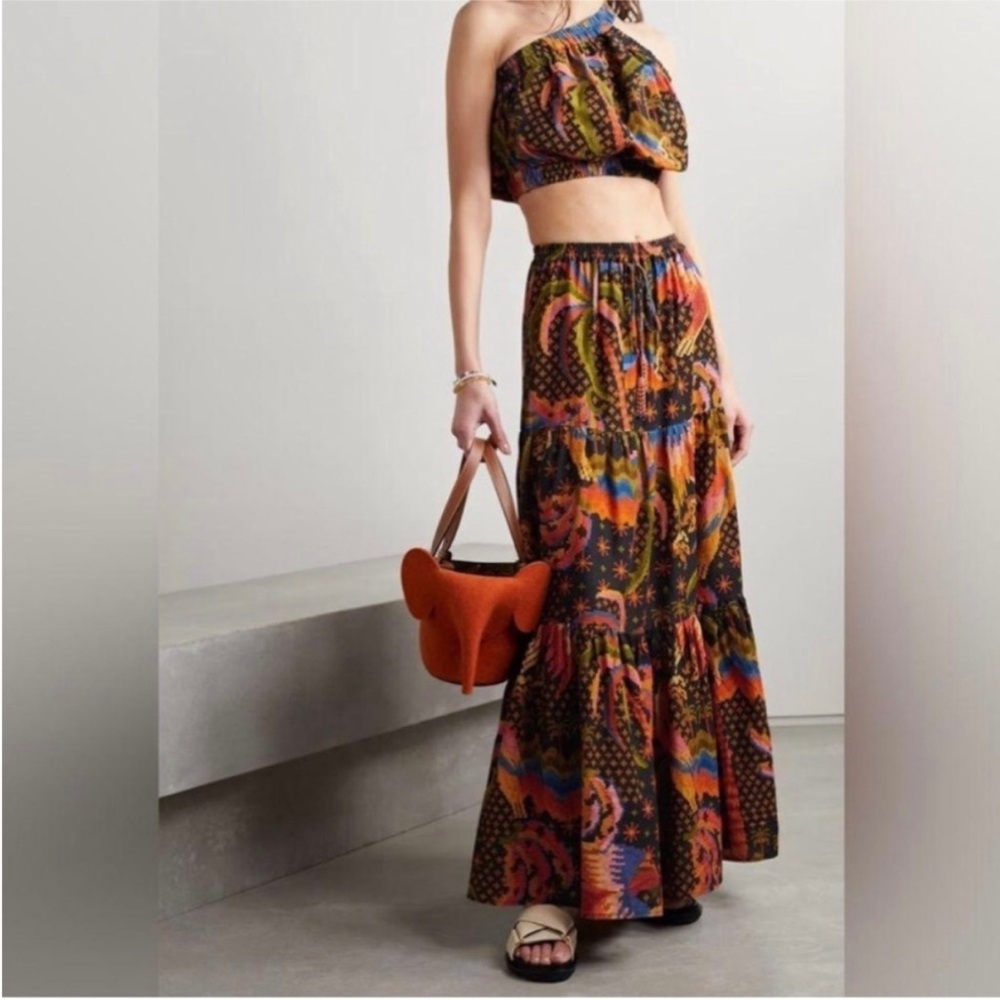 FARM RIO Macaw Island Linen Blend Maxi Skirt & One Shoulder Crop Top Set